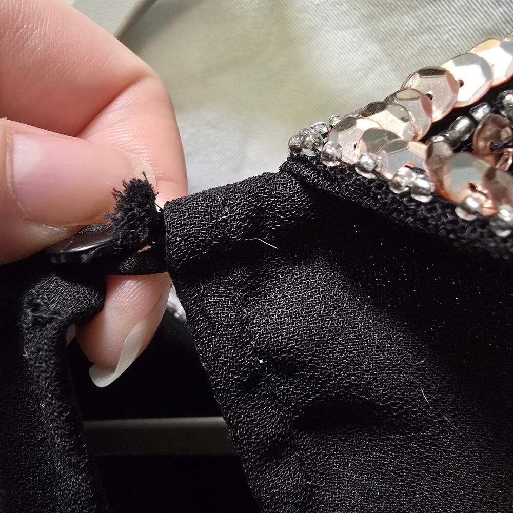 Modcloth black chiffon knee length sleeveless dress gold sequin beaded collar XL - Picture 12 of 13
